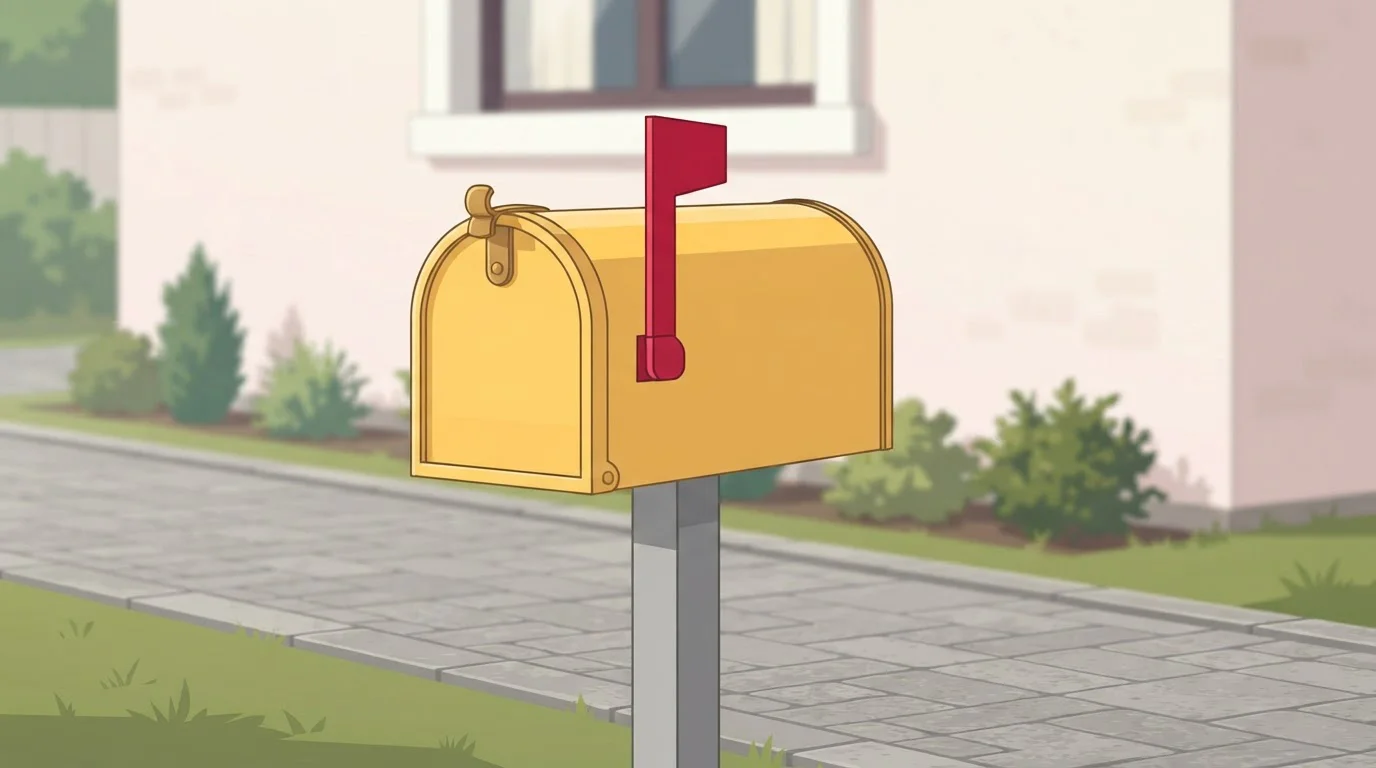 Briefkasten mit rotem Signal neben einem gepflasterten Weg