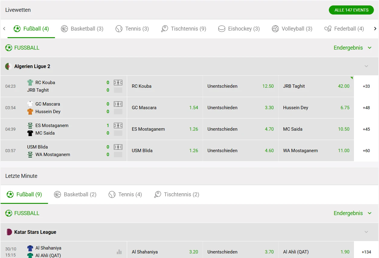 Sportwettenansicht mit Sportarten und Wettmärkten bei ZodiacBet