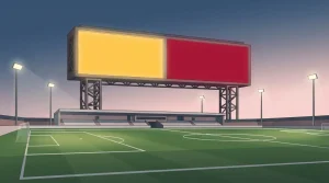 Anzeigetafel mit farbigen Segmenten über einem Fußballplatz