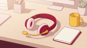 Schreibtisch mit Headset, Notizblatt und Kaffeetasse