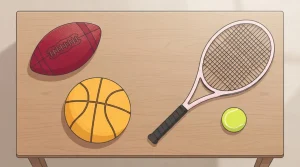 Fußball, Basketball, Tennisschläger und Tennisball auf einem Holztisch